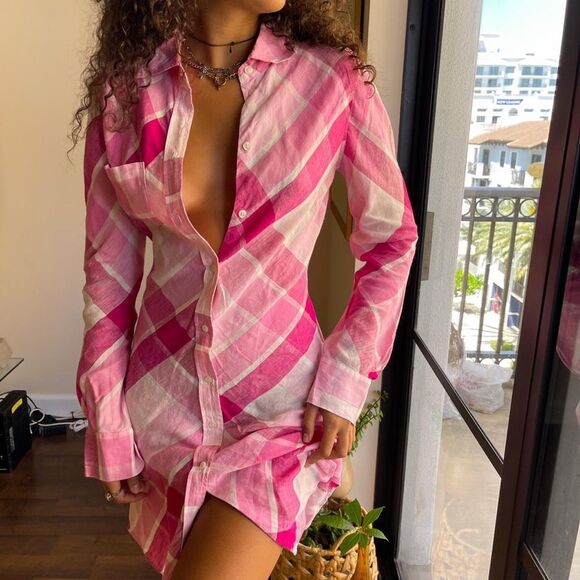 VS 100% Linen Pink Gingham Checkered Fitted Button Down Dress Size 2 - Picture 1 of 5
